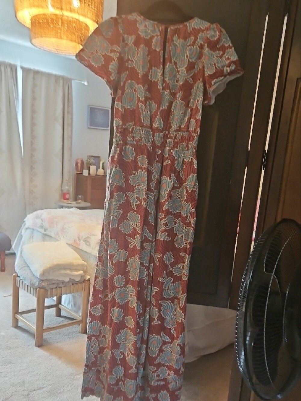 Anthropologie Rust Maxi Romper with Blue Floral Pattern - Picture 3 of 3